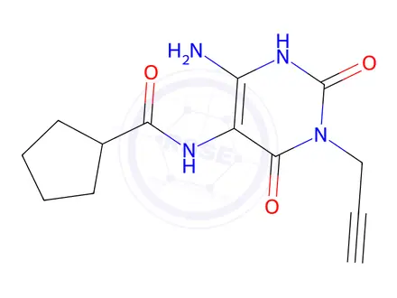 Chemical structure of Cyclopentanecarboxamide, N-[4-amino-1,2,3,6-tetrahydro-2,6-dioxo-1-(2-propynyl)-5-pyrimidinyl]-(9CI)