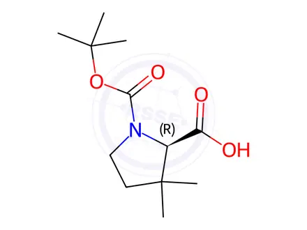 Chemical structure of (R)-1-(tert-Butoxycarbonyl)-3,3-dimethylpyrrolidine-2-carboxylic Acid