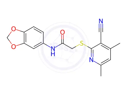 Chemical structure of N-(Benzo[d][1,3]dioxol-5-yl)-2-((3-cyano-4,6-dimethylpyridin-2-yl)thio)acetamide