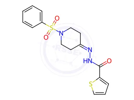 Chemical structure of N'-(1-(phenylsulfonyl)piperidin-4-ylidene)thiophene-2-carbohydrazide