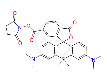 Chemical structure of Spiro[isobenzofuran-1(3H),10'(9'H)-[9]silaanthracene]-6-carboxylic acid, 2',7'-bis(dimethylamino)-9',9'-dimethyl-3-oxo-, 2,5-dioxo-1-pyrrolidinyl ester