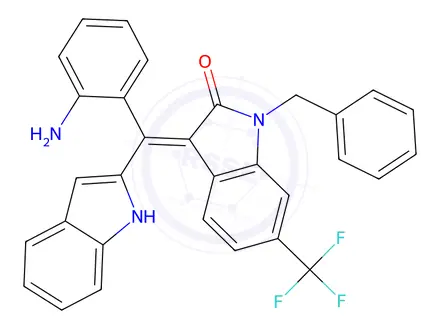 Chemical structure of (Z)-3-((2-Aminophenyl)(1H-indol-2-yl)methylene)-1-benzyl-6-(trifluoromethyl)indolin-2-one