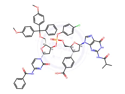 Chemical structure of N-benzoyl-5'-O-[bis(4-methoxyphenyl)phenylmethyl]-P-(4-chlorophenyl)-2'-deoxycytidylyl-(3'->5')-2'-deoxy-N-(2-methyl-1-oxopropyl)guanosine 3'-benzoate