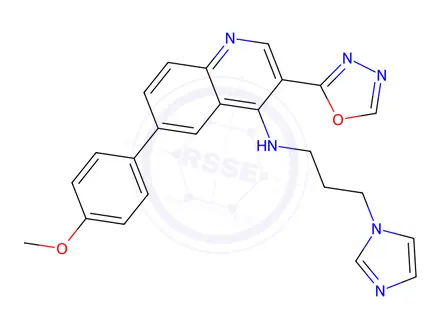 Chemical structure of N-(3-(1H-Imidazol-1-yl)propyl)-6-(4-methoxyphenyl)-3-(1,3,4-oxadiazol-2-yl)quinolin-4-amine