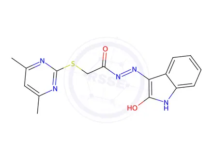 Chemical structure of (E)-2-((4,6-dimethylpyrimidin-2-yl)thio)-N-(2-oxoindolin-3-ylidene)acetohydrazide