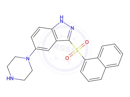 Chemical structure of 3-(Naphthalen-1-ylsulfonyl)-5-(piperazin-1-yl)-1H-indazole