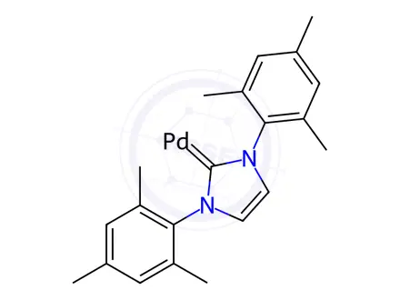 Chemical structure of Chloro[(1,3-dimesitylimidazol-2-ylidene)(N,N-dimethylbenzylamine)palladium(II)]