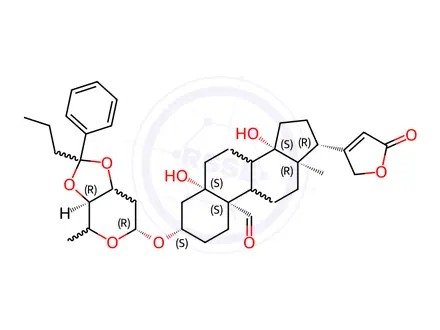 Chemical structure of 3β-[[3-O,4-O-(1-Phenylbutylidene)-2,6-dideoxy-β-D-ribo-hexopyranosyl]oxy]-5,14-dihydroxy-19-oxo-5β-card-20(22)-enolide