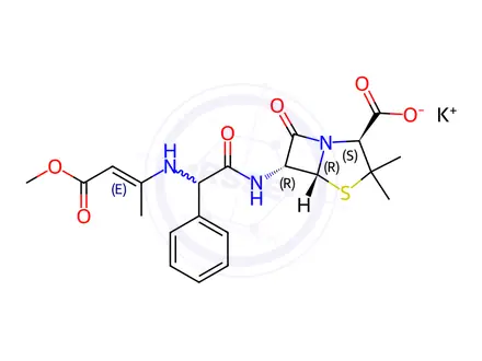 Chemical structure of potassium [2S-[2alpha,5alpha,6beta(S*)]]-6-[[[(3-methoxy-1-methyl-3-oxoprop-1-enyl)amino]phenylacetyl]amino]-3,3-dimethyl-7-oxo-4-thia-1-azabicyclo[3.2.0]heptane-2-carboxylate