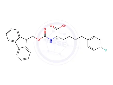 Chemical structure of Benzenehexanoic acid, α-[[(9H-fluoren-9-ylmethoxy)carbonyl]amino]-4-fluoro-, (αS)-