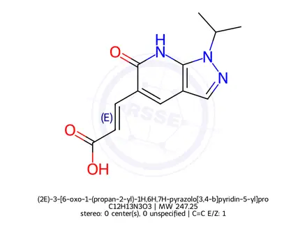 Chemical structure of (2E)-3-[6-oxo-1-(propan-2-yl)-1H,6H,7H-pyrazolo[3,4-b]pyridin-5-yl]prop-2-enoic acid, E