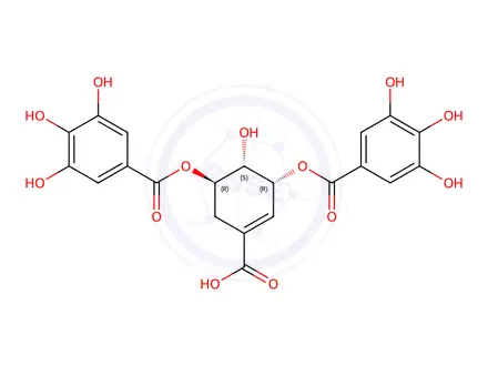 Chemical structure of (3R,4R,5R)-3,5-Bis(3,4,5-trihydroxyphenylcarbonyloxy)-4-hydroxycyclohex-1-enecarboxylic acid