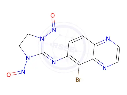 Chemical structure of 5-bromo-N-(1,3-dinitrosoimidazolidin-2-ylidene)quinoxalin-6-amine