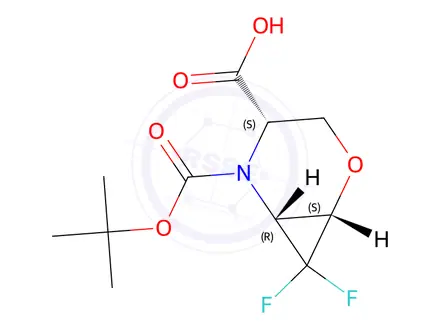 Chemical structure of (1s,4s,6r)-5-(Tert-butoxycarbonyl)-7,7-difluoro-2-oxa-5-azabicyclo[4.1.0]heptane-4-carboxylic acid