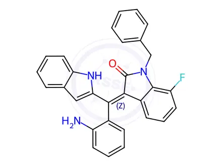 Chemical structure of (Z)-3-((2-Aminophenyl)(1H-indol-2-yl)methylene)-1-benzyl-7-fluoroindolin-2-one