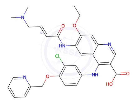 Chemical structure of (E)-4-((3-Chloro-4-(pyridin-2-ylmethoxy)phenyl)amino)-6-(4-(dimethylamino)but-2-enamido)-7-ethoxyquinoline-3-carboxylic Acid