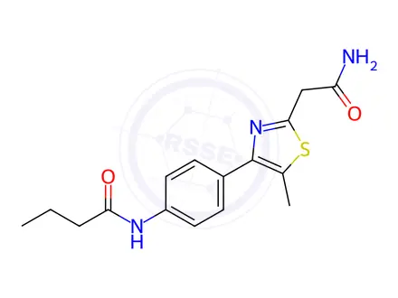 Chemical structure of N-[4-[2-(2-amino-2-oxoethyl)-5-methyl-1,3-thiazol-4-yl]phenyl]butanamide