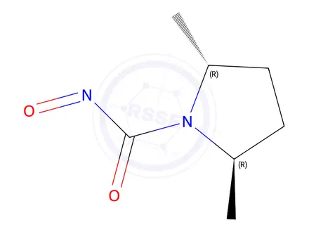 Chemical structure of 1-Pyrrolidinecarboxaldehyde,2,5-dimethyl-alpha-nitroso-,(2R-trans)-(9CI)