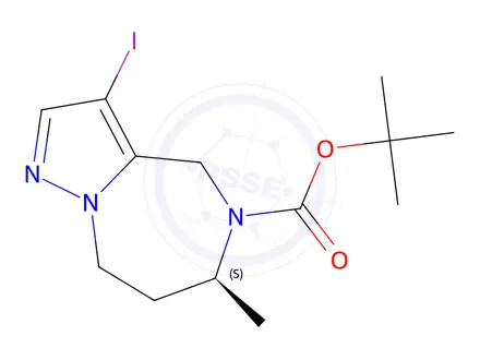 Chemical structure of Tert-butyl (S)-3-iodo-6-methyl-7,8-dihydro-4H-pyrazolo[1,5-a][1,4]diazepine-5(6H)-carboxylate