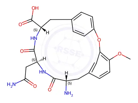 Chemical structure of (5S,8S,11S)-11-Amino-8-(2-amino-2-oxoethyl)-16-methoxy-7,10-dioxo-2-oxa-6,9-diaza-1(1,3),3(1,4)-dibenzenacyclododecaphane-5-carboxylic Acid