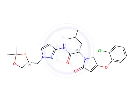 Chemical structure of (S)-2-[4-(2-chloro-phenoxy)-2-oxo-2,5-dihydro-pyrrol-1-yl]-4-methyl-pentanoic acid [1-((R)-2,2-dimethyl-[1,3]dioxolan-4-yl-methyl)-1H-pyrazol-3-yl]-amide