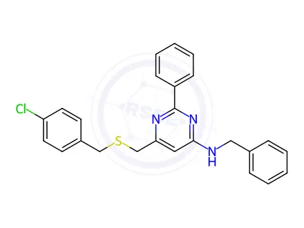 Chemical structure of N-Benzyl-6-({[(4-chlorophenyl)methyl]sulfanyl}methyl)-2-phenylpyrimidin-4-amine