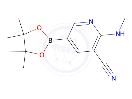 Chemical structure of 2-(methylamino)-5-(4,4,5,5-tetramethyl-1,3,2-dioxaborolan-2-yl)nicotinonitrile