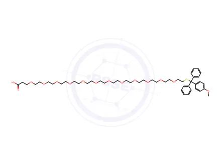 Chemical structure of α-(4-Methoxytrityl)thio-hexadeca(ethylene glycol)-omega-propionic acid