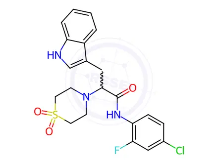 Chemical structure of N-(4-chloro-2-fluorophenyl)-2-(1,1-dioxidothiomorpholino)-3-(1H-indol-3-yl)propanamide