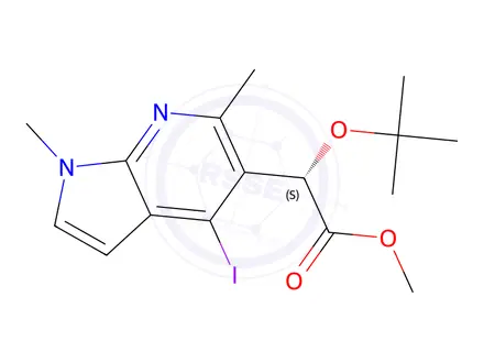 Chemical structure of Methyl (S)-2-(tert-butoxy)-2-(4-iodo-1,6-dimethyl-1H-pyrrolo[2,3-b]pyridin-5-yl)acetate