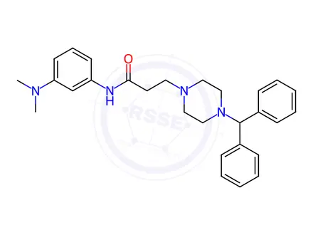 Chemical structure of 1-Piperazinepropanamide, N-(3-(dimethylamino)phenyl)-4-(diphenylmethyl)-, hydrochloride, hydrate (2:6:1)