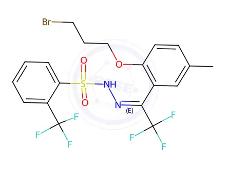 Chemical structure of (E)-N'-(1-(2-(3-Bromopropoxy)-5-methylphenyl)-2,2,2-trifluoroethylidene)-2-(trifluoromethyl)benzenesulfonohydrazide