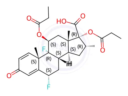 Chemical structure of (6S,8S,9R,10S,11S,13S,14S,16R,17R)-6,9-difluoro-10,13,16-trimethyl-3-oxo-11,17-bis(propionyloxy)-6,7,8,9,10,11,12,13,14,15,16,17-dodecahydro-3H-cyclopenta[a]phenanthrene-17-carboxylic acid