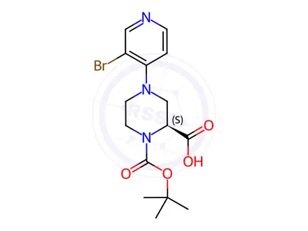 Chemical structure of (S)-4-(3-Bromopyridin-4-yl)-1-(tert-butoxycarbonyl)-piperazine-2-carboxylic acid