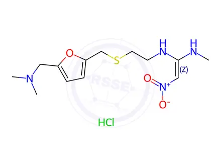 Chemical structure of (Z)-N-(2-(((5-((Dimethylamino)methyl)furan-2-yl)methyl)thio)ethyl)-N-methyl-2-nitroethene-1,1-diamine hydrochloride