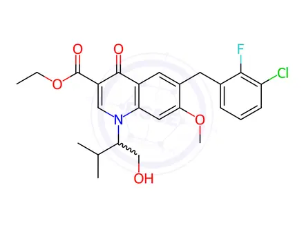 Chemical structure of Ethyl (S)-6-(3-chloro-2-fluorobenzyl)-1-(1-hydroxy-3-methylbutan-2-yl)-7-methoxy-4-oxo-1,4-dihydroquinoline-3-carboxylate