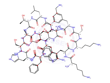 Chemical structure of L-Lysyl-L-tryptophyl-L-lysyl-L-seryl-L-phenylalanyl-L-isoleucyl-L-lysyl-L-lysyl-L-leucyl-L-threonyl-L-lysyl-L-lysyl-L-phenylalanyl-L-leucyl-L-histidyl-L-seryl-L-alanyl-L-lysyl-L-lysyl-L-phenylalaninamide