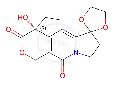 Chemical structure of Spiro[1,3-dioxolane-2,6'(3'H)-[1H]pyrano[3,4-f]indolizine]-3',10'(4'H)-dione, 4'-ethyl-7',8'-dihydro-4'-hydroxy-, (4'R)-