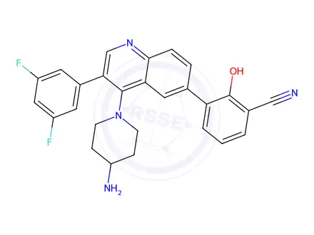 Chemical structure of Benzonitrile, 3-[4-(4-amino-1-piperidinyl)-3-(3,5-difluorophenyl)-6-quinolinyl]-2-hydroxy-, hydrochloride (1:2)