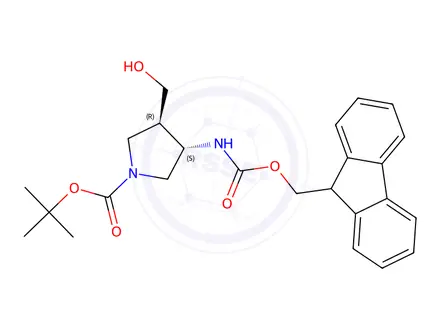 Chemical structure of Tert-butyl (3S,4R)-3-((((9H-fluoren-9-yl)methoxy)carbonyl)amino)-4-(hydroxymethyl)pyrrolidine-1-carboxylate