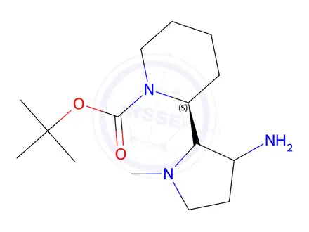 Chemical structure of tert-butyl (2S)-2-(3-amino-1-methyl-pyrrolidin-2-yl)piperidine-1-carboxylate