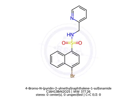 Chemical structure of 4-Bromo-N-(pyridin-2-ylmethyl)naphthalene-1-sulfonamide