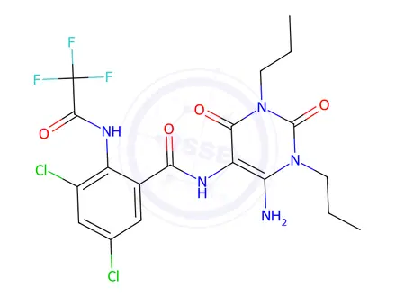 Chemical structure of Benzamide, N-(6-amino-1,2,3,4-tetrahydro-2,4-dioxo-1,3-dipropyl-5-pyrimidinyl)-3,5-dichloro-2-[(trifluoroacetyl)amino]-(9CI)