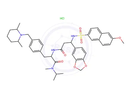 Chemical structure of (2R)-2-(((3R)-3-(1,3-benzodioxol-5-yl)-3-((6-methoxynaphthalen-2-yl)sulfonylamino)propanoyl)amino)-3-(4-(((2S,6R)-2,6-dimethylpiperidin-1-yl)methyl)phenyl)-N-methyl-N-propan-2-ylpr