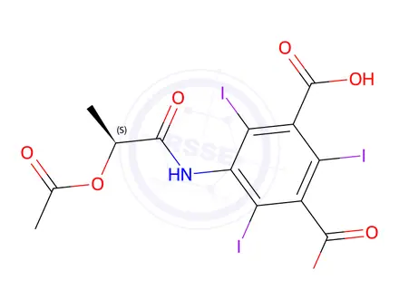 Chemical structure of (S)-(-)-5-[(2-Acetoxypropanoyl)amino]-2,4,6-triiodoisophthalic Acid