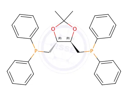 Chemical structure of Dichloro[(4R,5R)-(-)-4,5-bis(diphenylphosphinomethyl)-2,2-dimethyl-1,3-dioxolane][(R)-(+)-2-(α-methylmethanamine)-1H-benzimidazole]ruthenium(II)