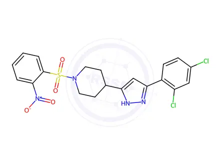 Chemical structure of 4-[5-(2,4-dichlorophenyl)-1H-pyrazol-3-yl]-1-[(2-nitrophenyl)sulfonyl]piperidine