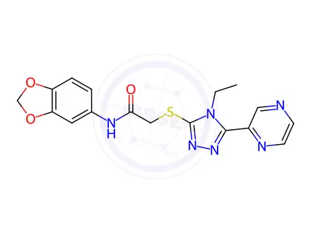 Chemical structure of N-(Benzo[d][1,3]dioxol-5-yl)-2-((4-ethyl-5-(pyrazin-2-yl)-4H-1,2,4-triazol-3-yl)thio)acetamide