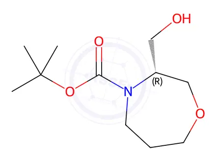 Chemical structure of 1,4-Oxazepine-4(5H)-carboxylic acid, tetrahydro-3-(hydroxymethyl)-, 1,1-dimethylethyl ester, (3R)-