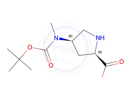 Chemical structure of (2R,4R)-4-((tert-butoxycarbonyl)(methyl)amino)pyrrolidine-2-carboxylic acid